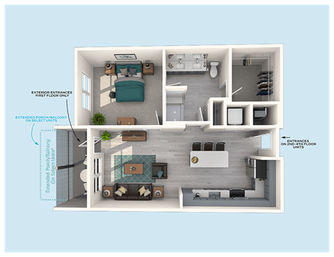 Floor plan for 1 bed, 1 bath, 749 sqft